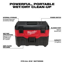 Milwaukee Tools Milwaukee M18 Cordless 2 Gallon Wet/Dry HEPA Vacuum 0880-20 4 Milwaukee Tools Milwaukee M18 Cordless 2 Gallon Wet/Dry HEPA Vacuum 0880-20 -Klein Tools Shop 0880 20 3