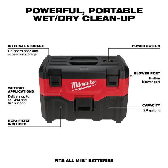 Milwaukee M18 Cordless 2 Gallon Wet/Dry HEPA Vacuum 0880-20 Milwaukee Tools Milwaukee M18 Cordless 2 Gallon Wet/Dry HEPA Vacuum 0880-20 -Klein Tools Shop 0880 20 3