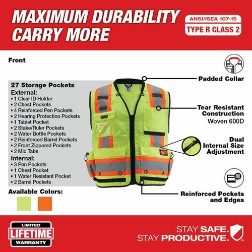 Milwaukee Tools Milwaukee Type R Class 2 Surveyor's High Visibility 27 Pocket Yellow Safety Vest - Small/Medium 48-73-5161 - Image 4