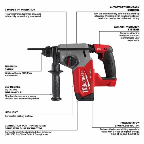 Milwaukee Tools Milwaukee M18 FUEL 1" SDS Plus Rotary Hammer 2912-20 - Image 4