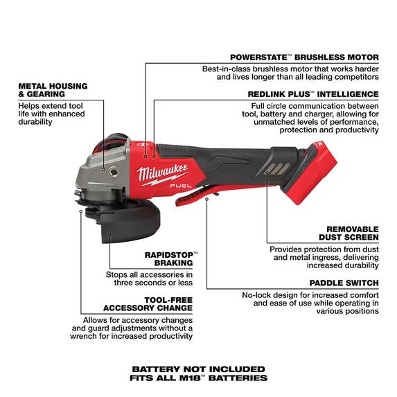 Milwaukee M18 FUEL 5" Flathead Braking Grinder w/ Paddle Switch, No-Lock (Tool Only) 2886-20 Milwaukee Tools Milwaukee M18 FUEL 5" Flathead Braking Grinder W/ Paddle Switch, No-Lock (Tool Only) 2886-20 -Klein Tools Shop 2886 20 4