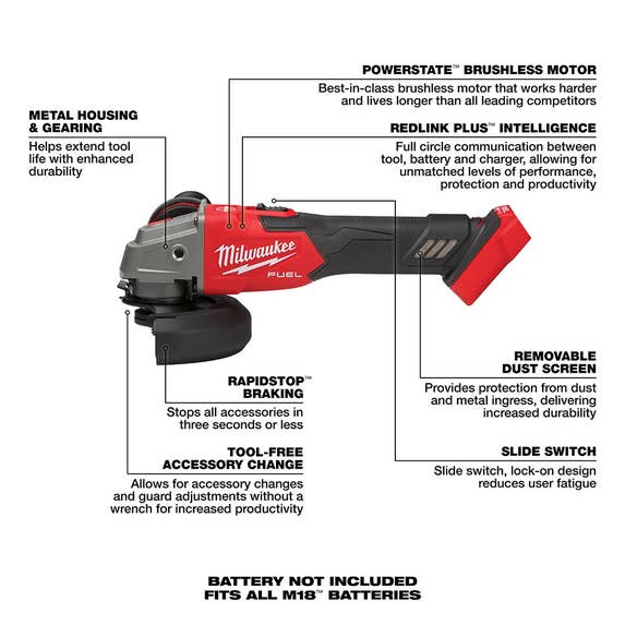 Milwaukee M18 FUEL 4-1/2" / 5" Variable Speed Braking Grinder w/ Slide Switch, Lock-On (Tool Only) 2889-20 Milwaukee Tools Milwaukee M18 FUEL 4-1/2" / 5" Variable Speed Braking Grinder W/ Slide Switch, Lock-On (Tool Only) 2889-20 -Klein Tools Shop 2889 20 4