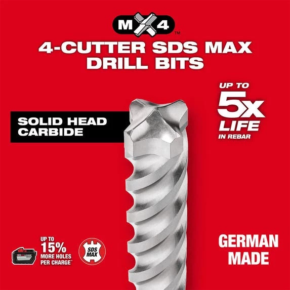 Milwaukee Tools Milwaukee MX4 1-1/8" X 8" X 13" 4-Cutter SDS-MAX Rotary Hammer Drill Bit 48-20-3965 - Image 3