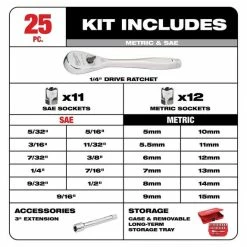 Milwaukee Tools Milwaukee 25pc 1/4" Drive Metric & SAE Ratchet And Socket Set W/ FOUR FLAT SIDES 48-22-9044 7 Milwaukee Tools Milwaukee 25pc 1/4" Drive Metric & SAE Ratchet And Socket Set W/ FOUR FLAT SIDES 48-22-9044 -Klein Tools Shop 48 22 9044 6