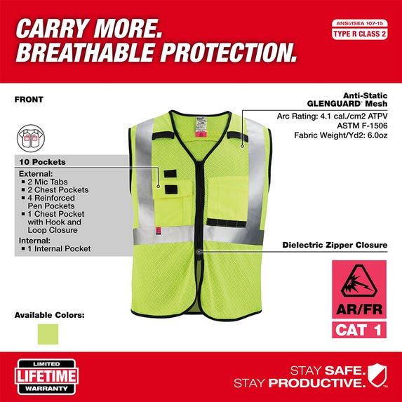 Milwaukee AR/FR Cat. 1 Class 2 High Visibility Yellow Mesh Safety Vest 48-73-520 Milwaukee Tools Milwaukee AR/FR Cat. 1 Class 2 High Visibility Yellow Mesh Safety Vest 48-73-520 -Klein Tools Shop 48 73 520 3