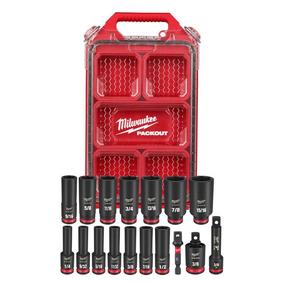 Milwaukee 17Pc. SHOCKWAVE Impact Duty 3/8" Drive SAE PACKOUT Deep Socket Set 49-66-6800 Milwaukee Tools Milwaukee 17Pc. SHOCKWAVE Impact Duty 3/8" Drive SAE PACKOUT Deep Socket Set 49-66-6800 -Klein Tools Shop 49 66 6800
