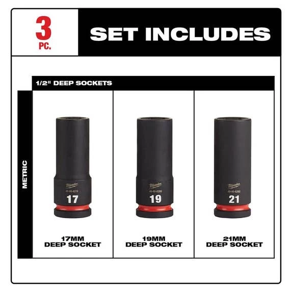 Milwaukee Tools Milwaukee 3 Piece Shockwave Impact Duty 1/2" Drive Metric Deep 6 Point Socket Set 49-66-7025 - Image 2