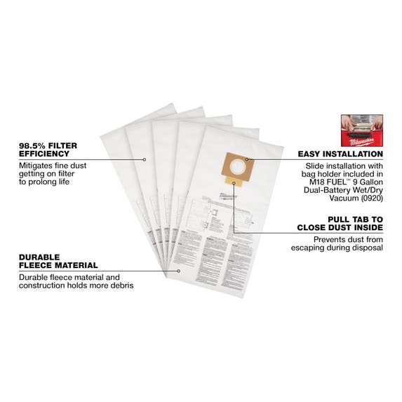 Milwaukee Fleece Dust Bags (5PK) - 9 Gallon 49-90-1989 Milwaukee Tools Milwaukee Fleece Dust Bags (5PK) - 9 Gallon 49-90-1989 -Klein Tools Shop 49 90 1989 walkaround