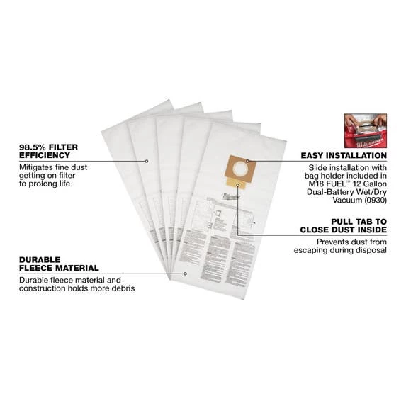 Milwaukee Tools Milwaukee Fleece Dust Bags (5PK) - 12 Gallon 49-90-1999 - Image 2