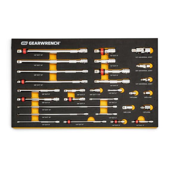 Gearwrench 29 Pc. 1/4", 3/8", 1/2" Drive Chrome Tool Accessories Set with EVA Foam Tray 86523 Gearwrench Tools Gearwrench 29 Pc. 1/4", 3/8", 1/2" Drive Chrome Tool Accessories Set With EVA Foam Tray 86523 -Klein Tools Shop