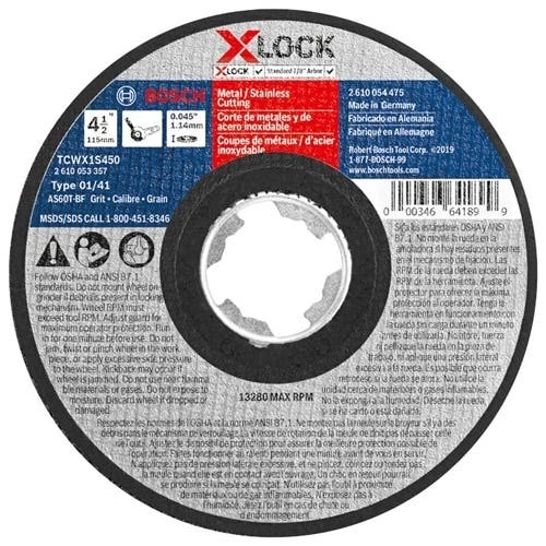 Bosch 4-1/2" x .045" X-LOCK Type 1A 60 Grit Metal/Stainless Cutting Abrasive Wheel TCWX1S450 Bosch Power Tools Bosch 4-1/2" X .045" X-LOCK Type 1A 60 Grit Metal/Stainless Cutting Abrasive Wheel TCWX1S450 -Klein Tools Shop